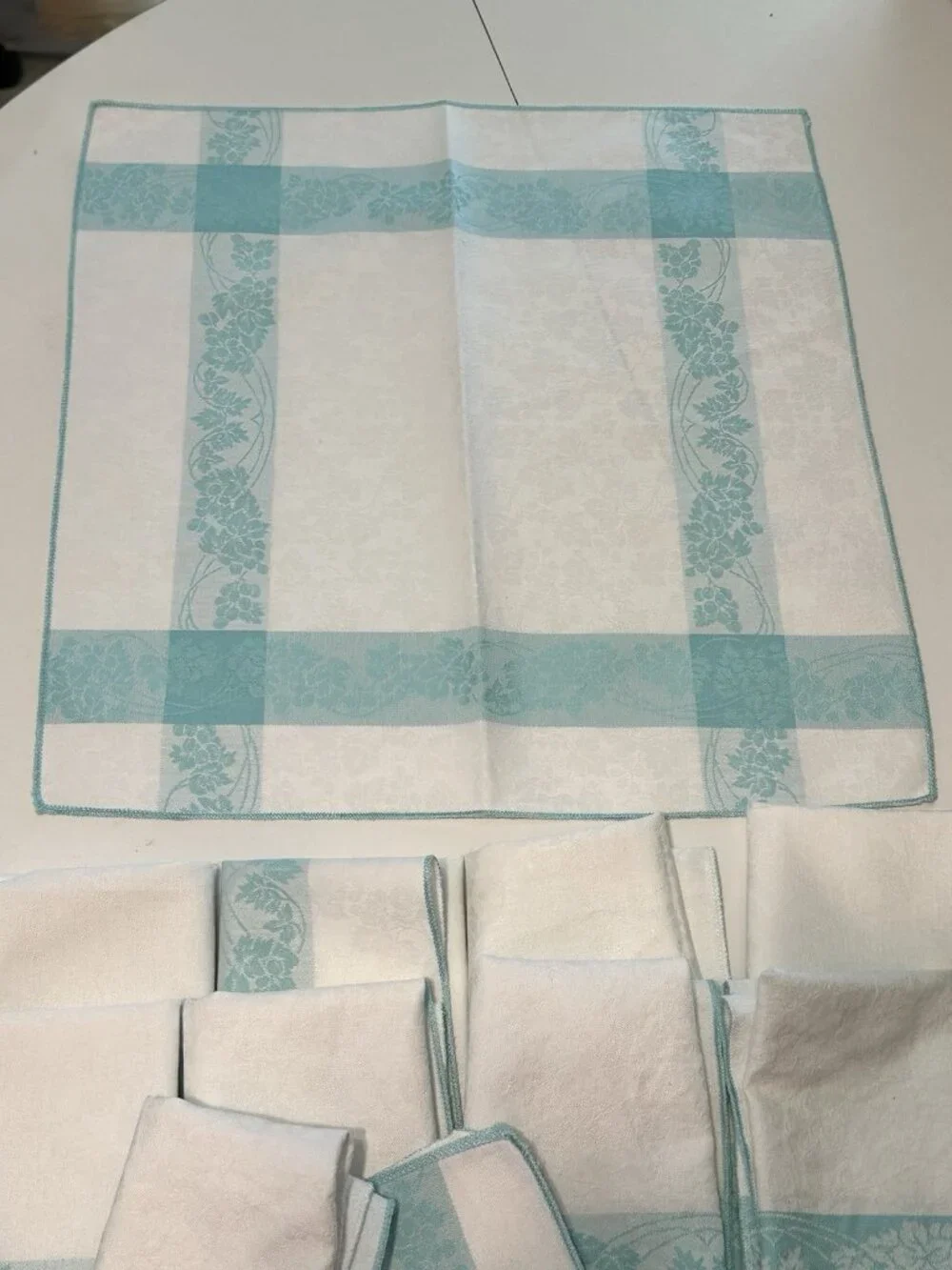 9 Vintage Table Linen Damask Napkin Blue White Cottage Core 40s Jacquard 17”